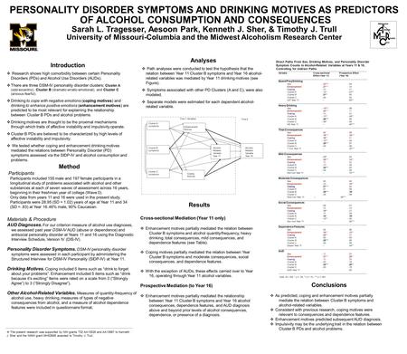 PERSONALITY DISORDER SYMPTOMS AND DRINKING MOTIVES AS PREDICTORS OF ALCOHOL CONSUMPTION AND CONSEQUENCES. Sarah L. Tragesser, Aesoon Park, Kenneth J. Sher,