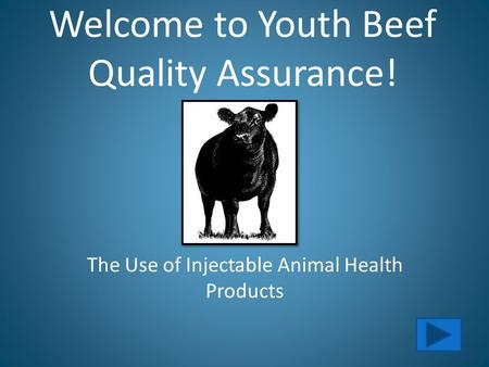 Welcome to Youth Beef Quality Assurance! The Use of Injectable Animal Health Products.