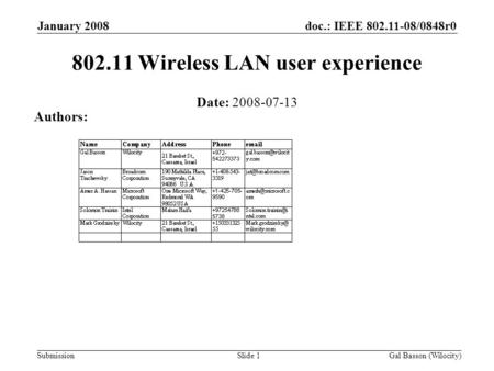 Doc.: IEEE 802.11-08/0848r0 Submission January 2008 Gal Basson (Wilocity)Slide 1 802.11 Wireless LAN user experience Date: 2008-07-13 Authors: