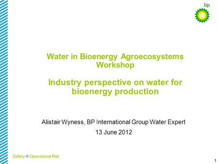 1 Water in Bioenergy Agroecosystems Workshop Industry perspective on water for bioenergy production Alistair Wyness, BP International Group Water Expert.