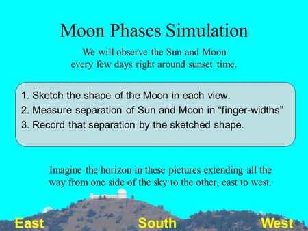 EastSouth West Moon Phases Simulation 1. Sketch the shape of the Moon in each view. 2. Measure separation of Sun and Moon in “finger-widths” 3. Record.