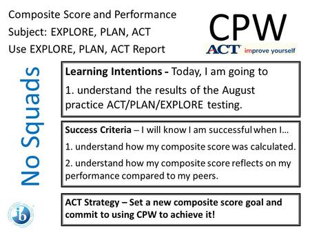 No Squads Composite Score and Performance Subject: EXPLORE, PLAN, ACT Use EXPLORE, PLAN, ACT Report Learning Intentions - Today, I am going to 1. understand.