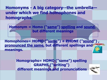 Homonyms - A big category--the umbrella— under which we find homophones and homographs. Homophones= HOMO (same) + PHONE (sound), pronounced the same,