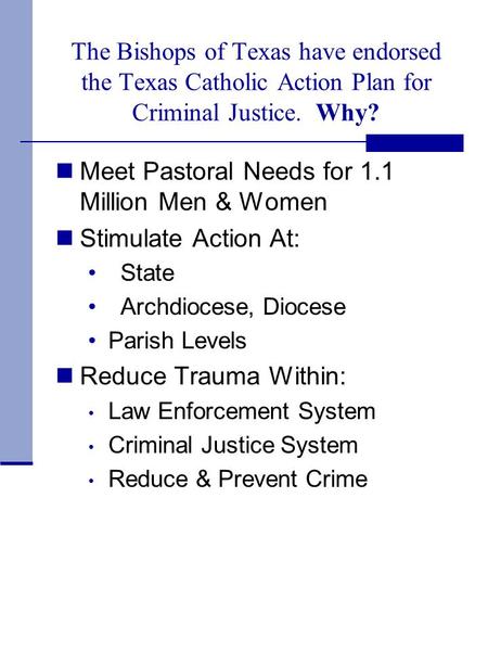 The Bishops of Texas have endorsed the Texas Catholic Action Plan for Criminal Justice. Why? Meet Pastoral Needs for 1.1 Million Men & Women Stimulate.