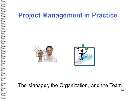 2-1 The Manager, the Organization, and the Team. Outline: 2-2  Selecting the project manager  Roles / responsibilities of a project manager  Project.