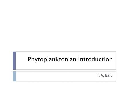 Phytoplankton an Introduction T.A. Baig. Phytoplankton Phytoplankton are the autotrophic components of the plankton community and a key factor of oceans.