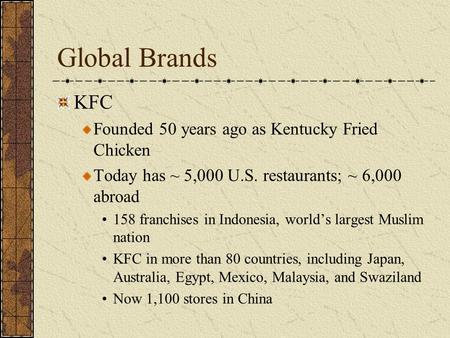Global Brands KFC Founded 50 years ago as Kentucky Fried Chicken Today has ~ 5,000 U.S. restaurants; ~ 6,000 abroad 158 franchises in Indonesia, world’s.