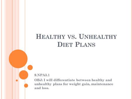 H EALTHY VS. U NHEALTHY D IET P LANS 9.NPA3.1 OBJ: I will differentiate between healthy and unhealthy plans for weight gain, maintenance and loss.