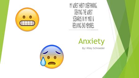 Anxiety By: Kiley Schroeder. Anxiety description  Anxiety can be described as people having frequent intense, excessive, and persistent fear and worry.