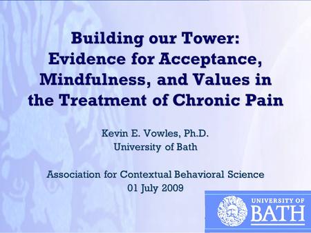 Building our Tower: Evidence for Acceptance, Mindfulness, and Values in the Treatment of Chronic Pain Kevin E. Vowles, Ph.D. University of Bath Association.