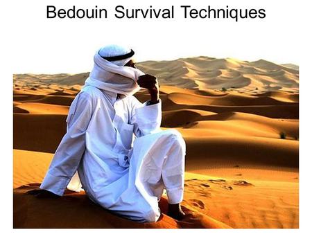 Bedouin Survival Techniques. Basics: Water is Everything! Bedouins are nomadic herders, so the ability to find, transport, and store water is crucial.