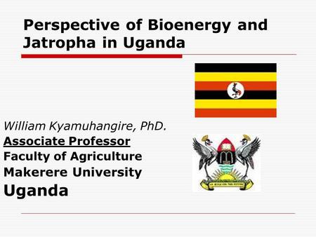 Perspective of Bioenergy and Jatropha in Uganda William Kyamuhangire, PhD. Associate Professor Faculty of Agriculture Makerere University Uganda.
