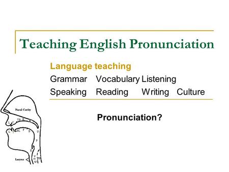 Teaching English Pronunciation Language teaching Grammar VocabularyListening SpeakingReadingWriting Culture Pronunciation?