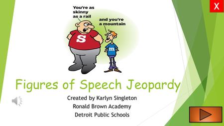 Created by Karlyn Singleton Ronald Brown Academy Detroit Public Schools X Figures of Speech Jeopardy.
