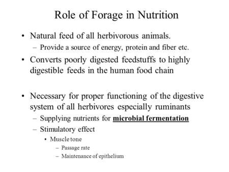 Role of Forage in Nutrition Natural feed of all herbivorous animals. –Provide a source of energy, protein and fiber etc. Converts poorly digested feedstuffs.