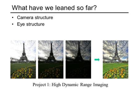 What have we leaned so far? Camera structure Eye structure Project 1: High Dynamic Range Imaging.