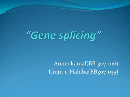 Anum kamal(BB-307-016) Umm-e-Habiba(BB307-035). Gene splicing “Gene splicing is the removal of introns from the primary trascript of a discontinuous gene.