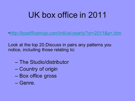 UK box office in 2011  Look at the top 20.Discuss in pairs any patterns you notice, including those.