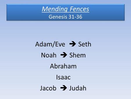 Mending Fences Genesis 31-36 Adam/Eve  Seth Noah  Shem Abraham Isaac Jacob  Judah.