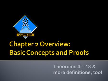 Theorems 4 – 18 & more definitions, too!. Page 104, Chapter Summary: Concepts and Procedures After studying this CHAPTER, you should be able to... 2.1.