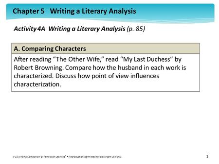 Chapter 5 Writing a Literary Analysis 9-10 Writing Companion © Perfection Learning ® Reproduction permitted for classroom use only. 1 Activity 4A Writing.