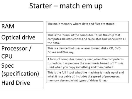Starter – match em up RAM Optical drive Processor / CPU Spec (specification) Hard Drive The main memory where data and files are stored. This is the ‘brain’