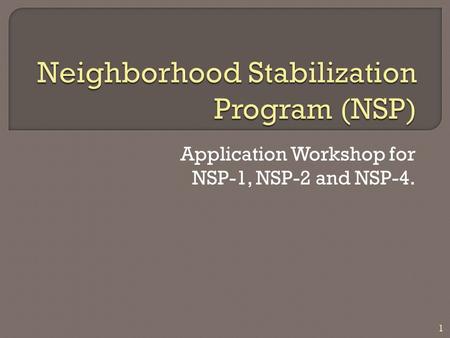 Application Workshop for NSP-1, NSP-2 and NSP-4. 1.