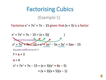 Factorising Cubics (Example 1) Factorise x 3 + 7x 2 + 7x  15 given that (x + 3) is a factor x 3 + 7x 2 + 7x  15 = (x + 3)(x 2 + ax  5) x 3 + 7x 2 +