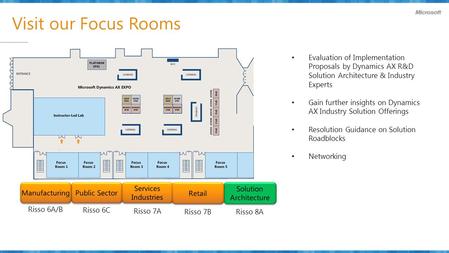 Visit our Focus Rooms Evaluation of Implementation Proposals by Dynamics AX R&D Solution Architecture & Industry Experts Gain further insights on Dynamics.