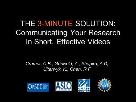 THE 3-MINUTE SOLUTION: Communicating Your Research In Short, Effective Videos Cramer, C.B., Griswold, A., Shapiro, A.D, Uiterwyk, K., Chen, R.F.
