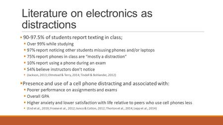 Literature on electronics as distractions  90-97.5% of students report texting in class;  Over 99% while studying  97% report noticing other students.
