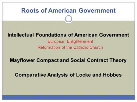 Roots of American Government Intellectual Foundations of American Government European Enlightenment Reformation of the Catholic Church Mayflower Compact.