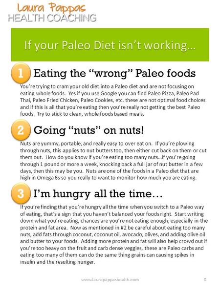 Www.laurapappashealth.com0 1 1 Eating the “wrong” Paleo foods You’re trying to cram your old diet into a Paleo diet and are not focusing on eating whole.