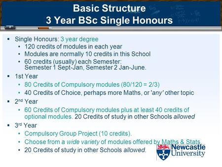 Basic Structure 3 Year BSc Single Honours  Single Honours: 3 year degree 120 credits of modules in each year Modules are normally 10 credits in this School.