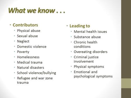 Contributors Physical abuse Sexual abuse Neglect Domestic violence Poverty Homelessness Medical trauma Natural disasters School violence/bullying Refugee.