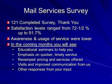 Mail Services Survey 121 Completed Survey, Thank You Satisfaction levels ranged from 72-1/2 % up to 91.7% Awareness & usage of service were lower In the.