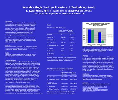 Selective Single Embryo Transfers: A Preliminary Study L. Keith Smith, Ellen H. Roots and M. Janelle Odom Dorsett The Centre for Reproductive Medicine,