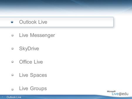 1 Outlook Live Live Messenger SkyDrive Office Live Live Spaces Live Groups.