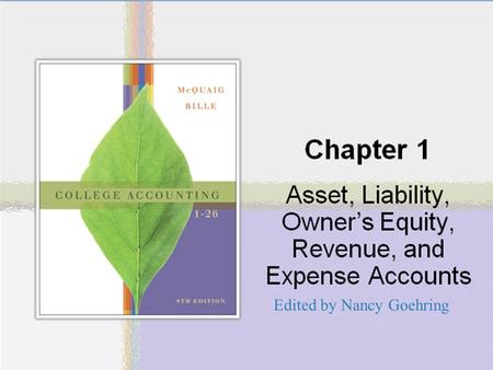 Chapter One Asset, Liability, Owner’s Equity, Revenue, and Expense Accounts Edited by Nancy Goehring.