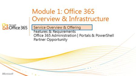 Service Overview & Offering Features & Requirements Office 365 Administration | Portals & PowerShell Partner Opportunity.