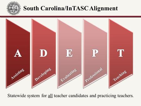 Assisting Developing Evaluating Professional Teaching South Carolina/InTASC Alignment Statewide system for all teacher candidates and practicing teachers.