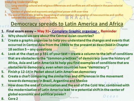 Democracy spreads to Latin America and Africa Enduring Understandings 1.Long-standing cultural and religious differences and conflicts are still evident.