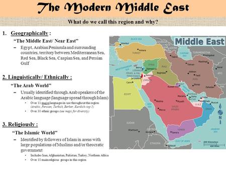 The Modern Middle East 1.Geographically : “The Middle East/ Near East” – Egypt, Arabian Peninsula and surrounding countries, territory between Mediterranean.