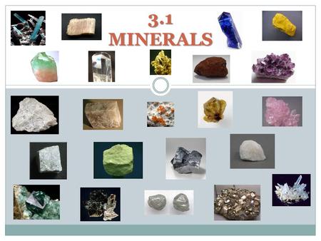 3.1 MINERALS. WHAT IS A MINERAL? Naturally occurring Inorganic Crystalline structure Solid Fixed chemical composition.