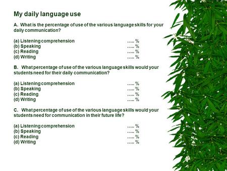 My daily language use A. What is the percentage of use of the various language skills for your daily communication? (a) Listening comprehension….. % (b)