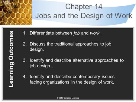 © 2013 Cengage Learning Chapter 14 Jobs and the Design of Work Learning Outcomes 1.Differentiate between job and work. 2.Discuss the traditional approaches.