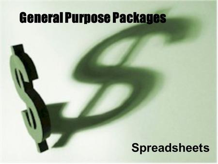 General Purpose Packages Spreadsheets. What is a Spreadsheet? A Spreadsheet is a computer program used mainly for recording mathematical data such as.