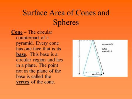 Surface Area of Cones and Spheres Cone – The circular counterpart of a pyramid. Every cone has one face that is its base. This base is a circular region.