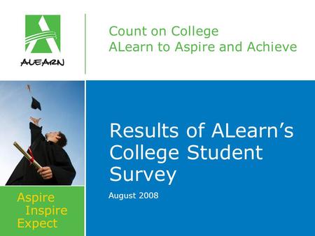 Count on College ALearn to Aspire and Achieve Aspire Inspire Expect Results of ALearn’s College Student Survey August 2008.