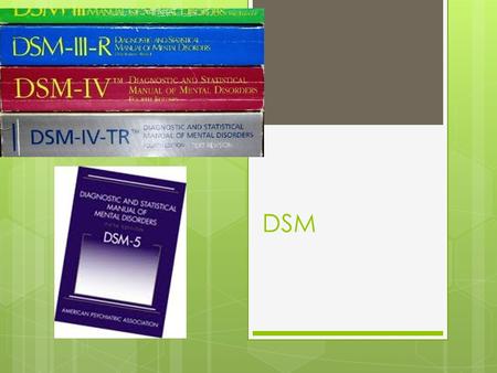 DSM. History of DSM  DSM-I – 1952  DSM-II – 1968  DSM-II 7 th Printing – 1974 (Homosexuality no longer listed as a disorder  DSM-III – 1980  DSM-III-R.